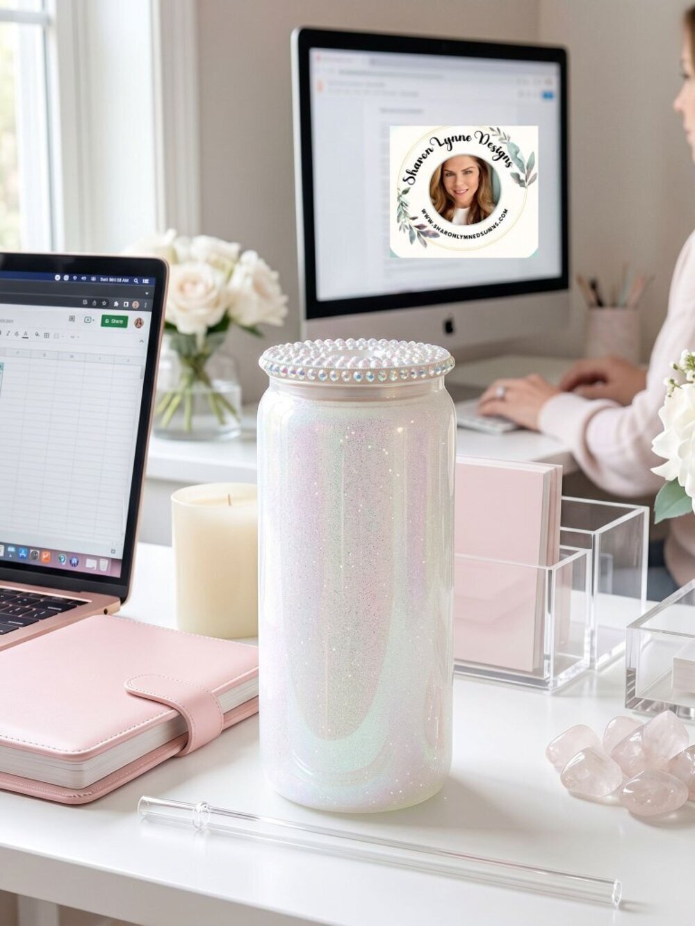 ✨🤍 Iridescent White Glitter Tumbler w/ Rhinestone Lid – Glam Sparkle Cup | 16oz